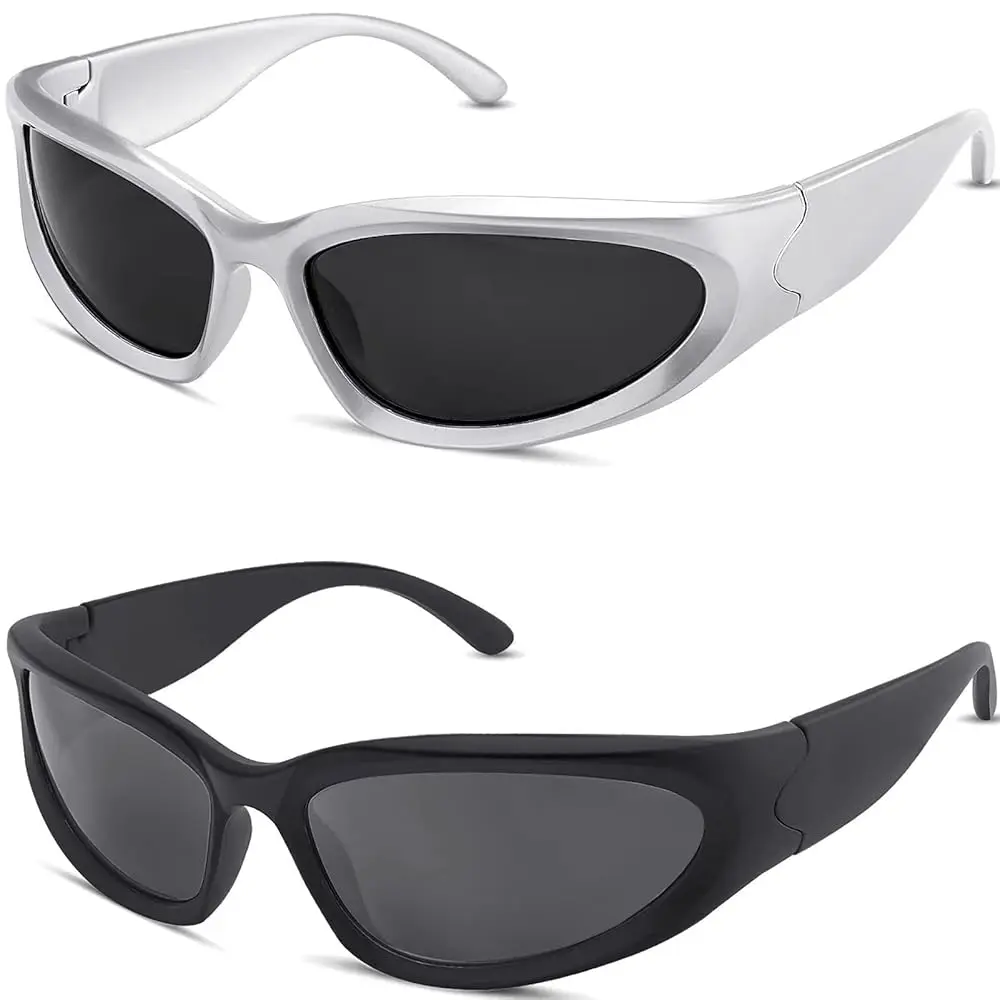 Y2K Wrap Around Sunglasses Trendy Silver Glasses Retro 90s Shades Women Futuristic