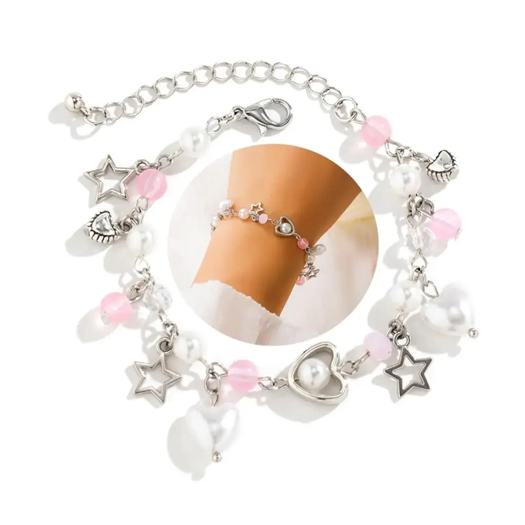 Y2k Bracelet Love Heart Star Bracelet Beaded Double layered Star Bracelet Gothic Punk Cool Bracelet for Women Teen Girls Adjustable