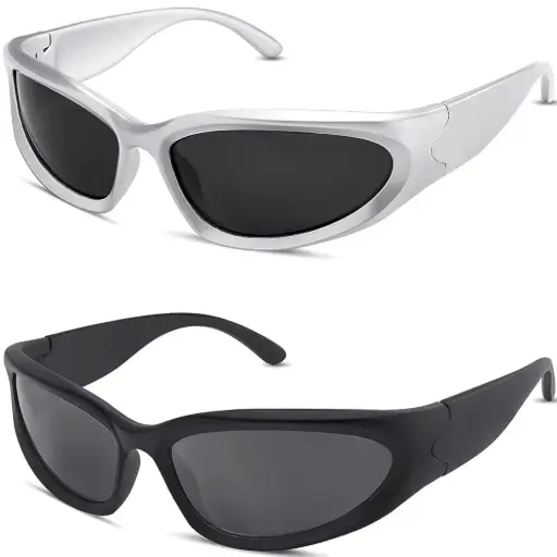 Y2K Wrap Around Sunglasses Trendy Silver Glasses Retro 90s Shades Women Futuristic
